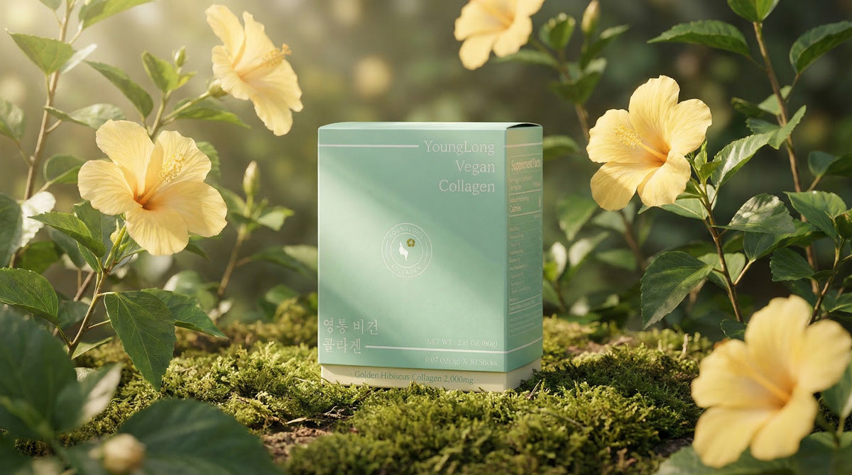 Younglong Vegan Collagen: High-quality emotional photo with hibiscus flowers and clean natural ingredients.