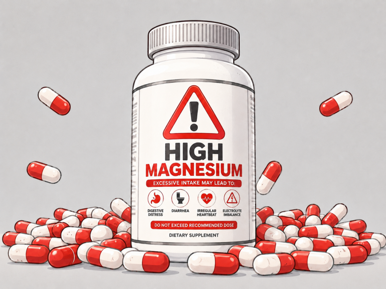 Illustration showing possible effects of excessive magnesium intake, including diarrhea and digestive discomfort