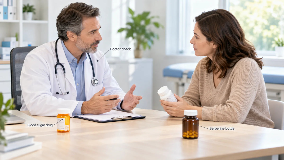 Woman holding a berberine bottle while consulting her doctor about berberine for weight loss alongside her blood sugar medication