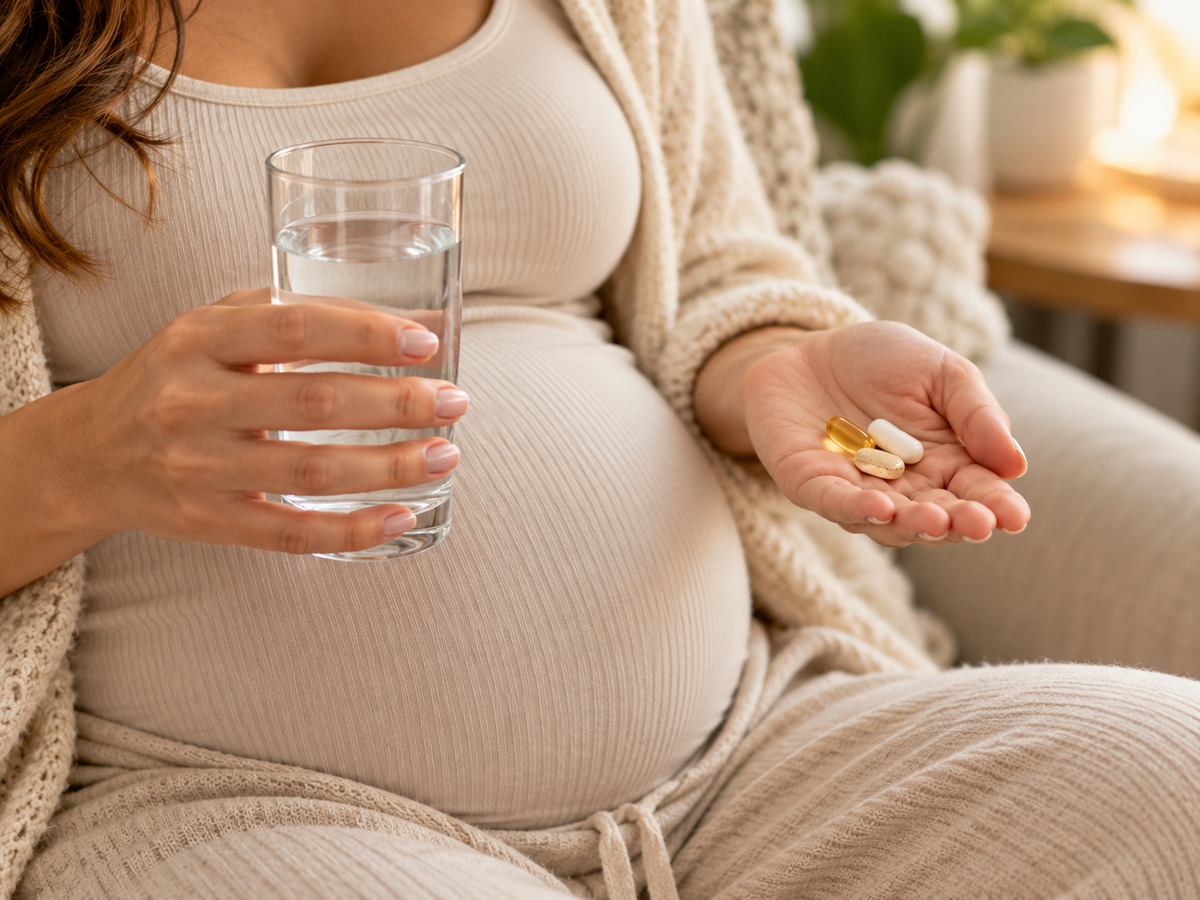 Pregnant woman holding a glass of water and a best prenatal with folate supplement in her hand