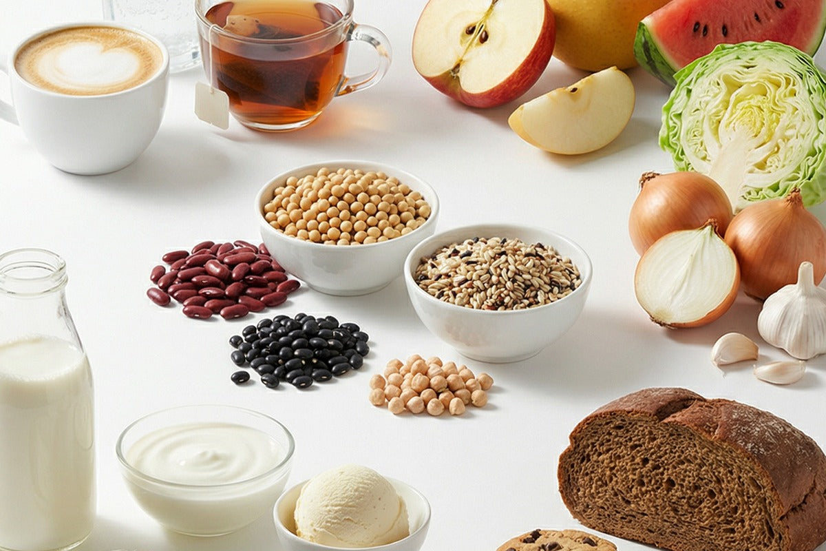Common high-FODMAP foods on a white table including milk, yogurt, ice cream,  beans, lentils, wheat bread, apple, watermelon, pear, cabbage, onions,  garlic, and coffee