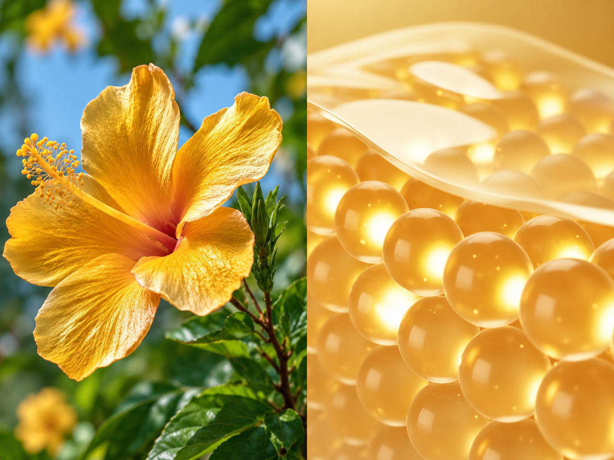 Is collagen vegan? 100% plant-based collagen with hibiscus flower and golden collagen pearls.
