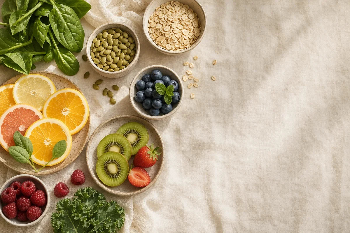 Plant collagen-rich foods with fruits, vegetables, seeds, and whole grains that may help support natural collagen production.