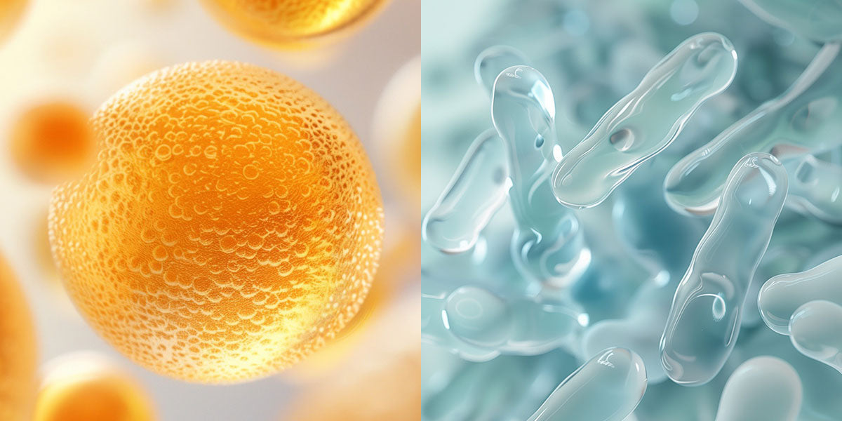 Saccharomyces boulardii yeast probiotic compared with conventional bacterial probiotics — yeast cell on left, bacteria on right