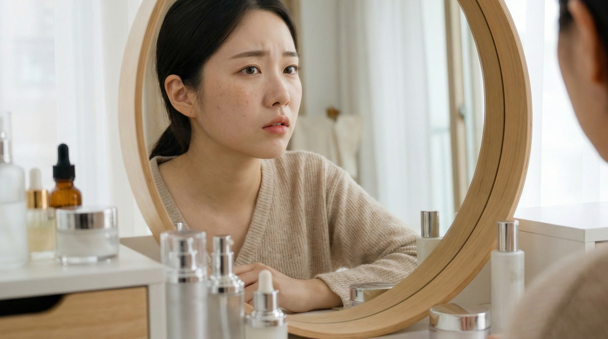Woman facing the mirror with visible melasma, surrounded by a collection of brightening creams and serums that have not delivered results