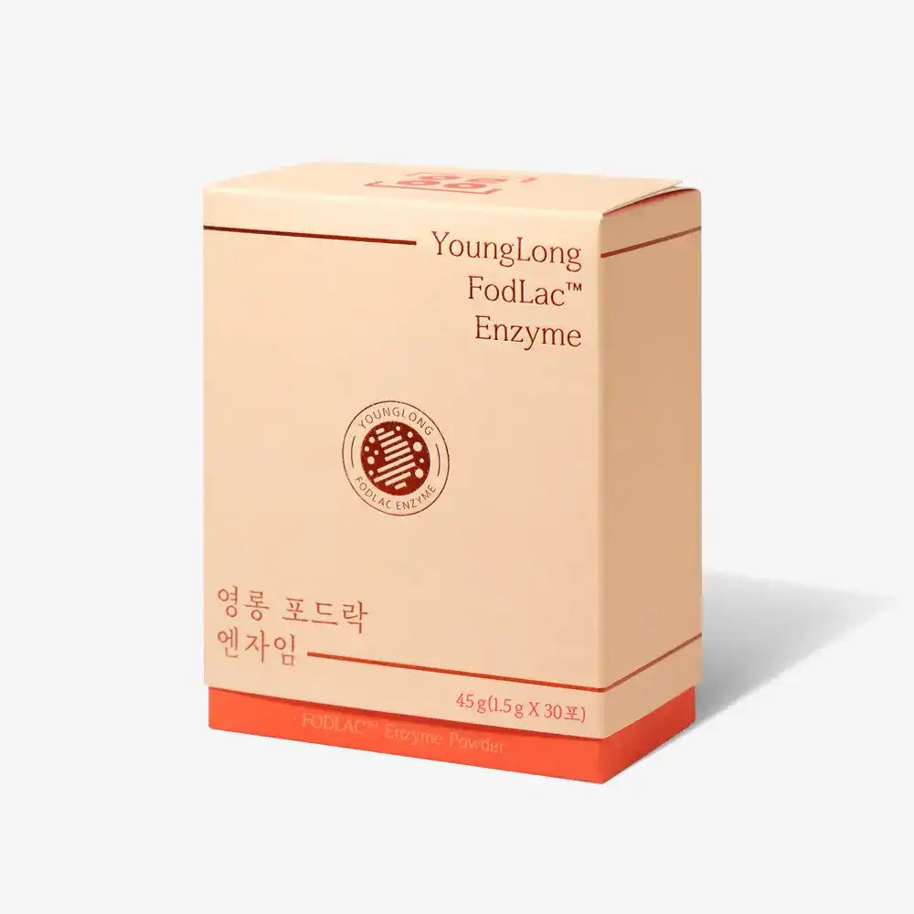 YoungLong FodLac Enzyme supplement powder box with English and Korean text on beige background