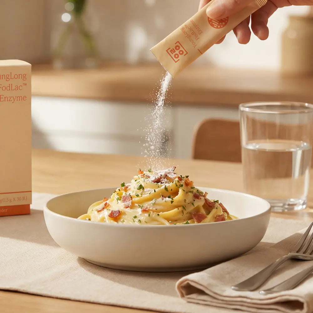 Sprinkling digestive enzyme powder over creamy pasta for enhanced digestion and vitality