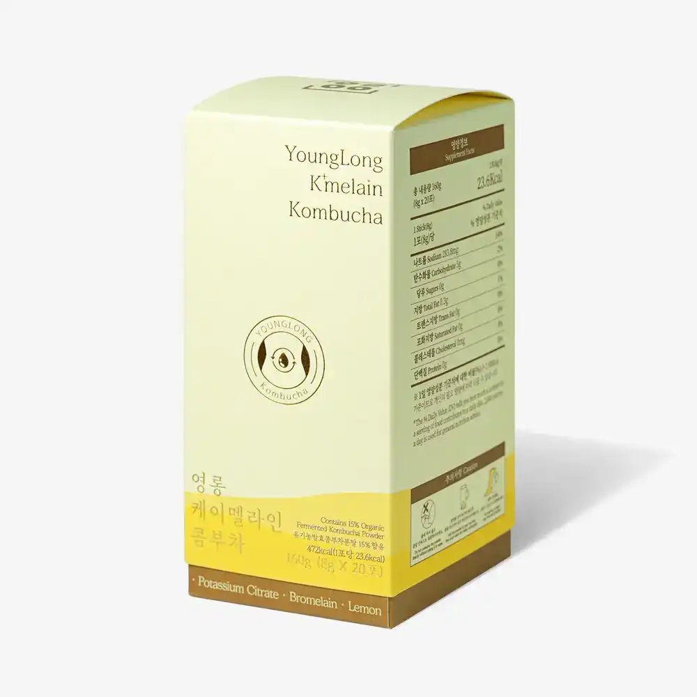 Yellow box of YoungLong K'melain Kombucha supplement with nutrition facts panel