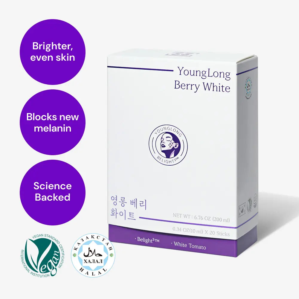 YoungLong Berry White box with vegan and halal marks, 20 drinkable sticks with Belight3 and white tomato