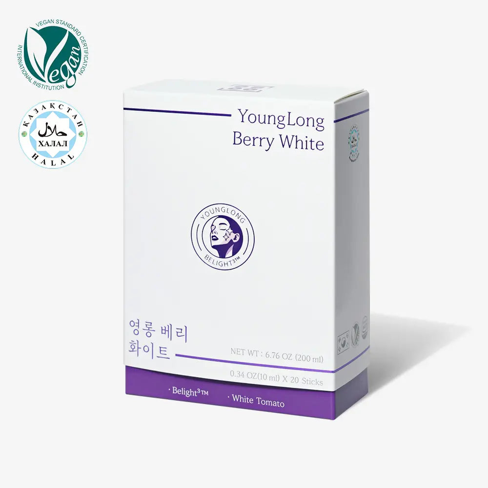 YoungLong Berry White supplement box with vegan and halal certifications, featuring Belight3™ and White Tomato for skin wellness