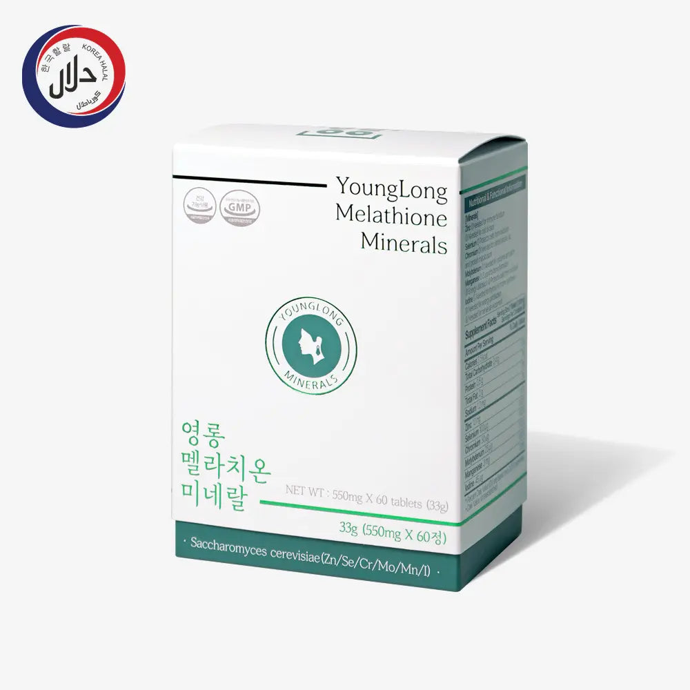 YoungLong Melathione Minerals supplement box with GMP certification, featuring zinc, selenium, and yeast extract for immune support
