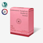 Pink YoungLong Double Up Inositol supplement box with vegan and halal certifications, lemon flavor