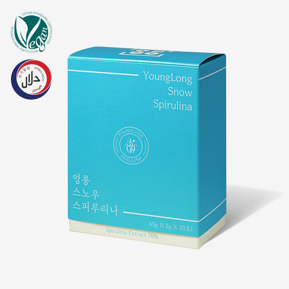 YoungLong Snow Spirulina supplement box with 70% spirulina extract, vegan and halal certified