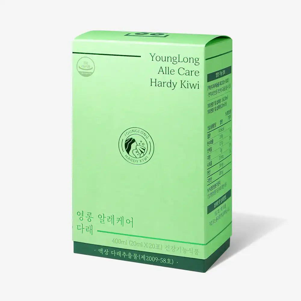 Green box of YoungLong Alle Care Hardy Kiwi supplement with product details and logo