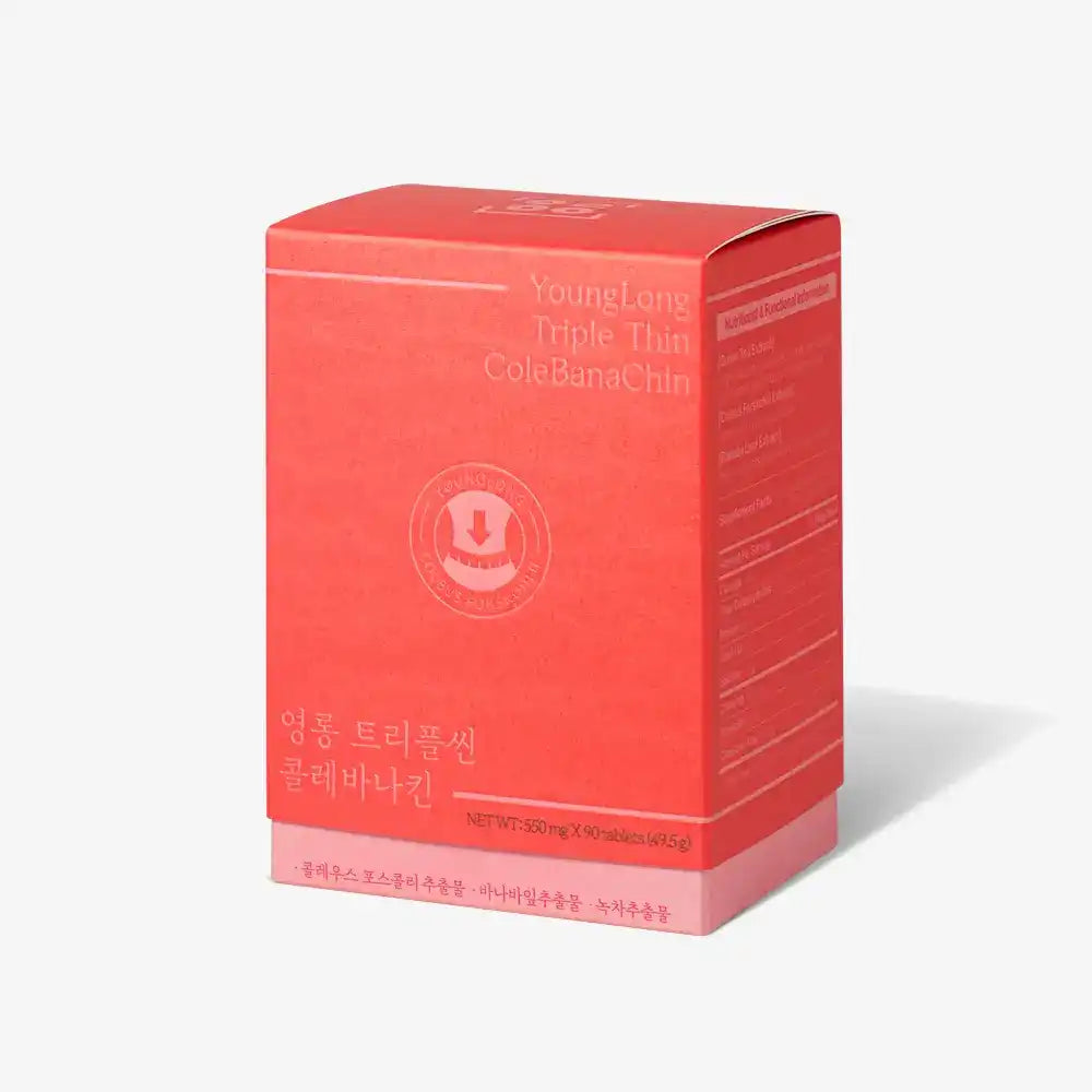 Red box of dietary supplements labeled YoungLong Triple Thin ColeBanaChin on white background
