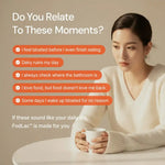 Woman in white sweater holding mug, digestive discomfort checklist for bloating and dairy issues.
