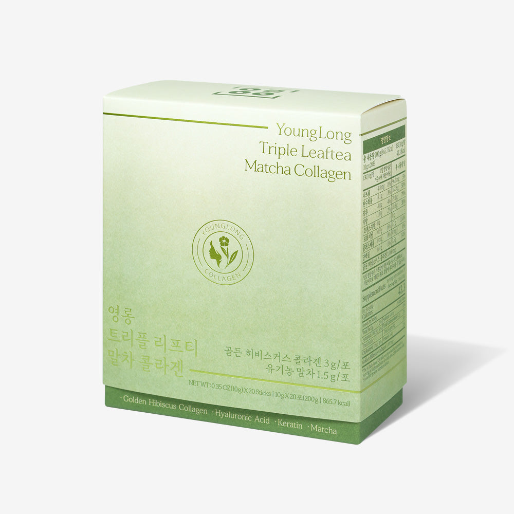 Green box of YoungLong Triple Leaftea Matcha Collagen supplement with ingredient details.