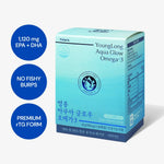 YoungLong Aqua Glow Omega-3 box noting 1,120 mg EPA and DHA in premium rTG form, 60 capsules with vitamin E