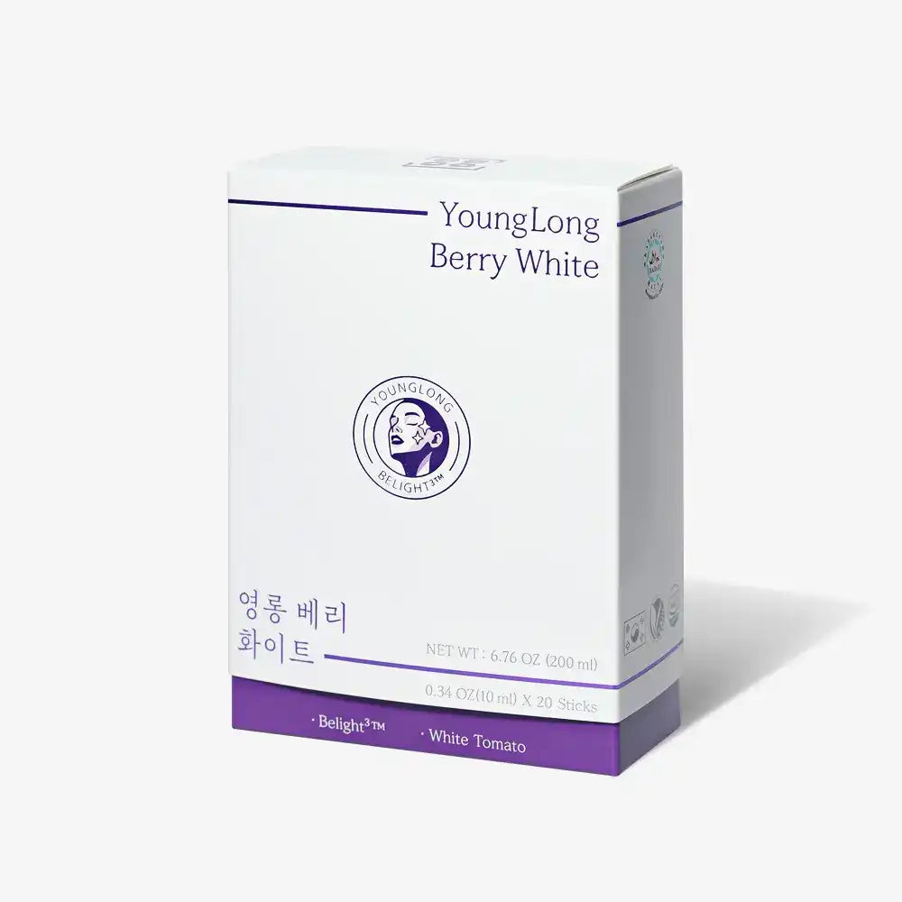 YoungLong Berry White supplement box with Belight and white tomato, minimalist packaging