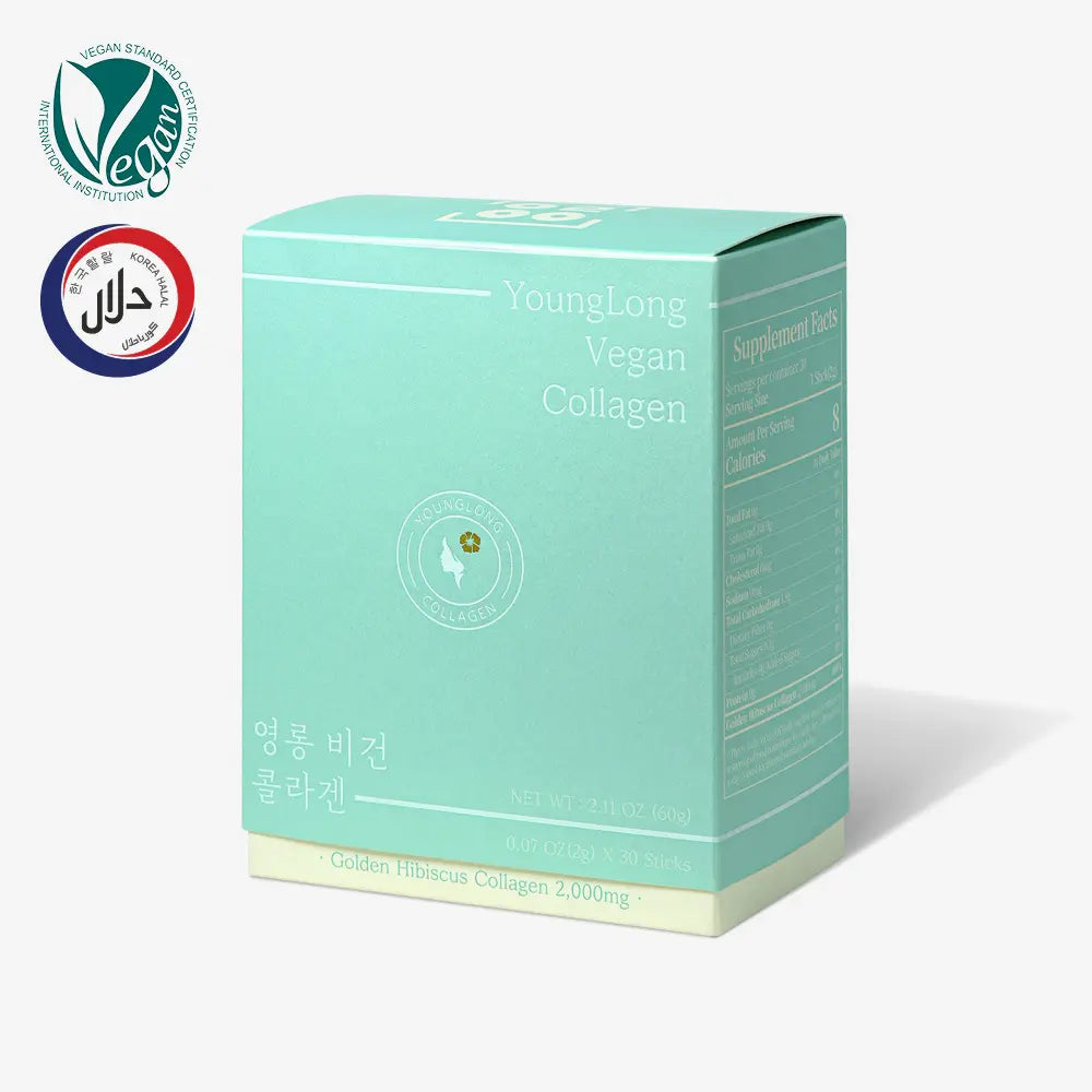 YoungLong Vegan Collagen supplement box with Golden Hibiscus, 2,000mg per serving, vegan and halal certified