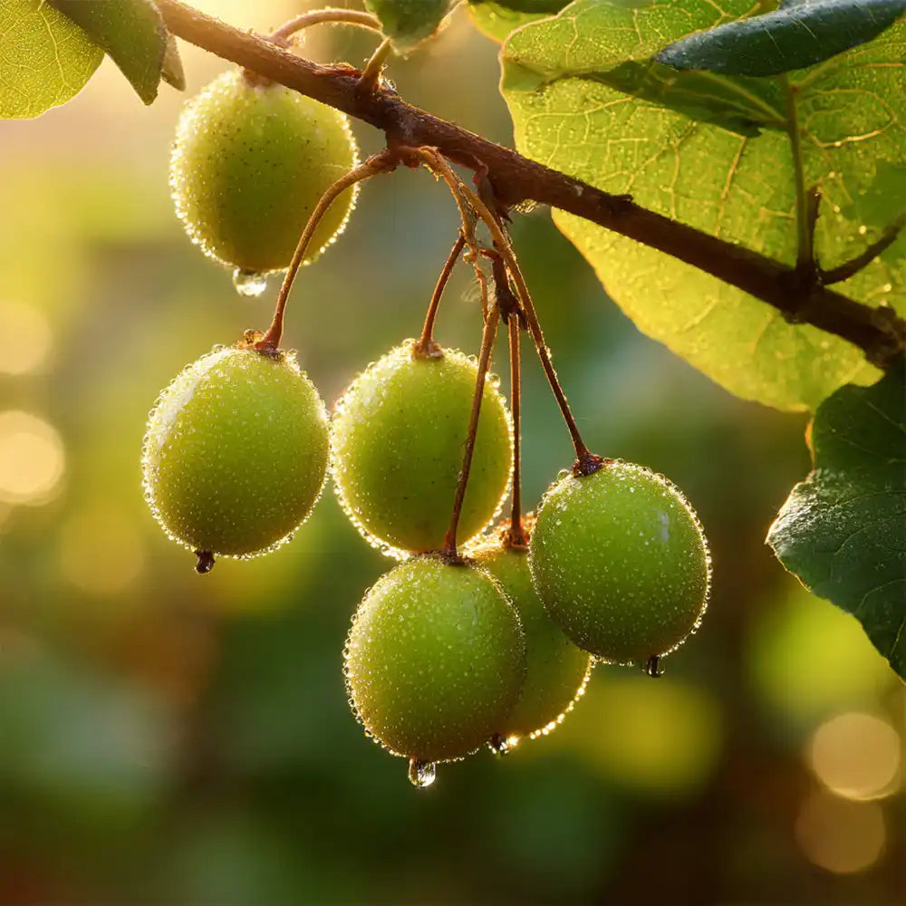 Fresh green amla berries with morning dew on a branch, sunlit and surrounded by leaves