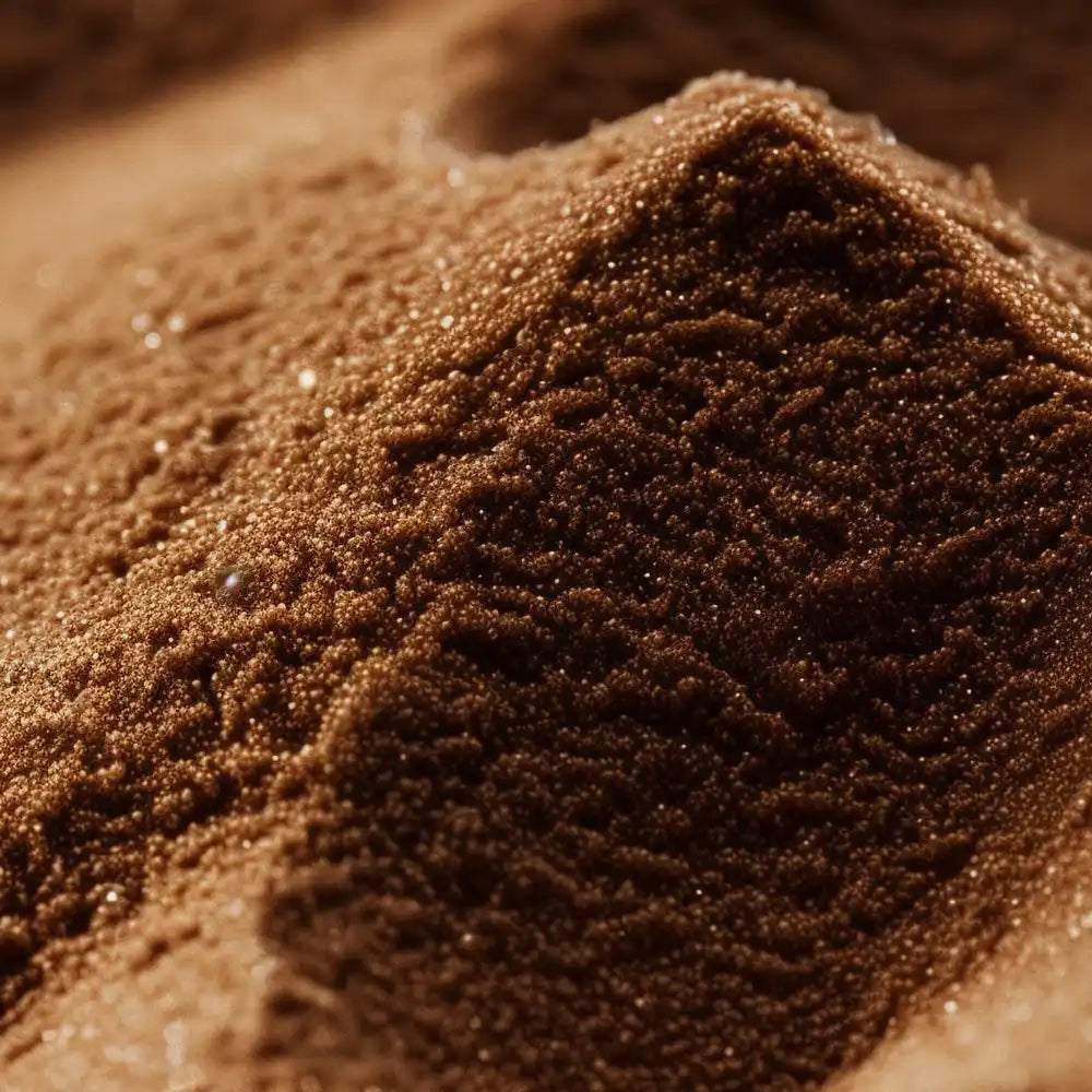 Close-up of fine brown supplement powder texture for holistic wellness and vitality