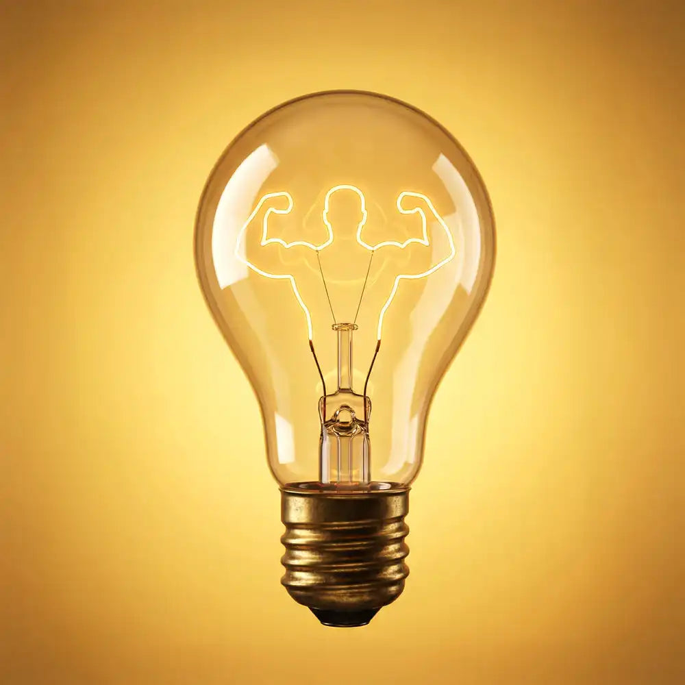 Light bulb filament shaped as flexing strong arms on a golden background, symbolizing vitality