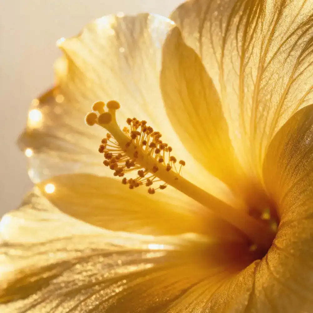 Macro shot of a yellow hibiscus flower with sunlight highlighting petals and stamen