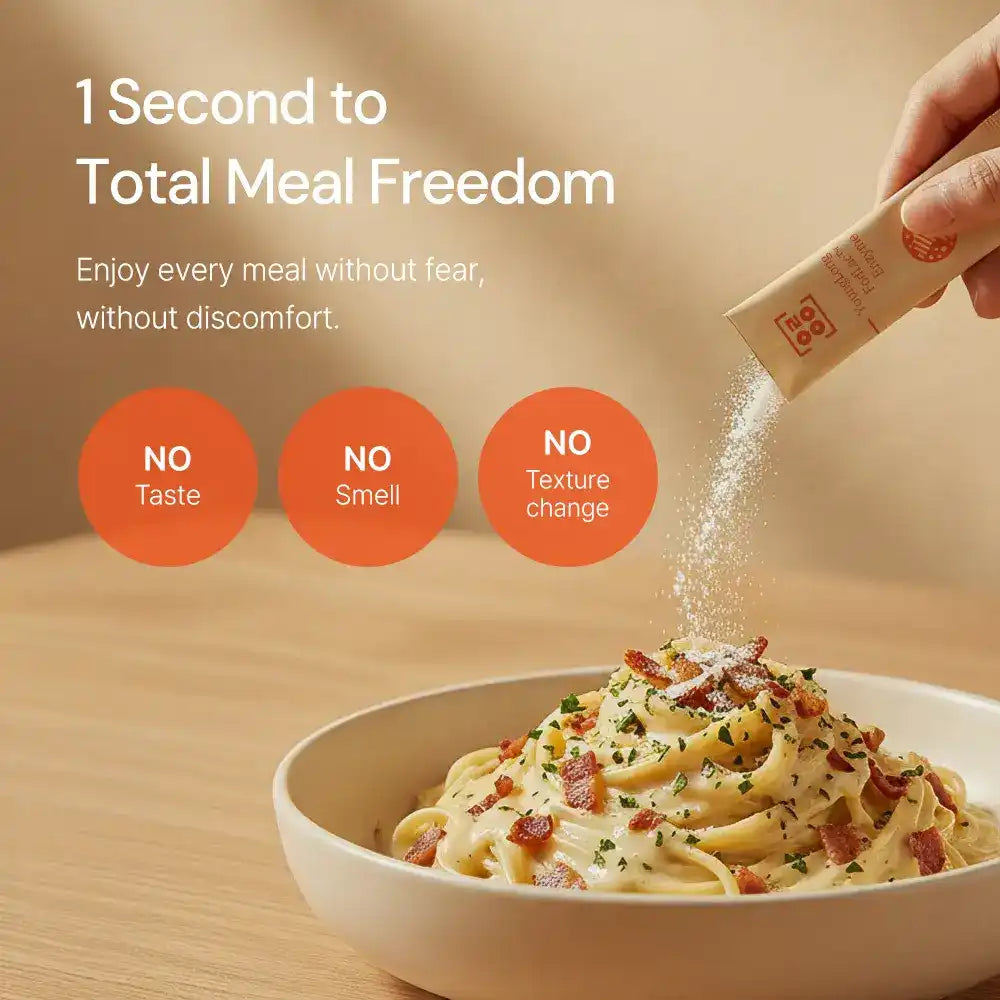Hand sprinkling supplement powder onto creamy pasta dish, with no taste, smell, or texture change highlighted.