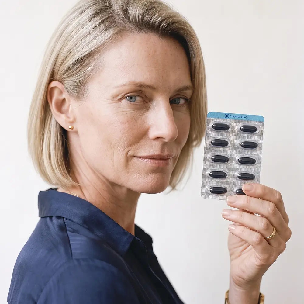 Woman holding a YoungLong blister pack of dark omega-3 softgel capsules