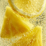 Lemon and pineapple slices in sparkling water with bubbles, refreshing citrus drink