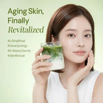Woman with radiant skin holding green and white drink, skincare rejuvenation text and hashtags