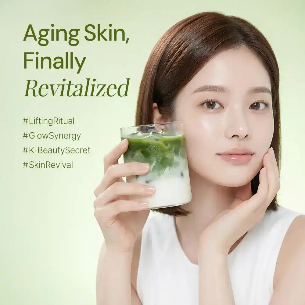 Woman with radiant skin holding green and white drink, skincare rejuvenation text and hashtags
