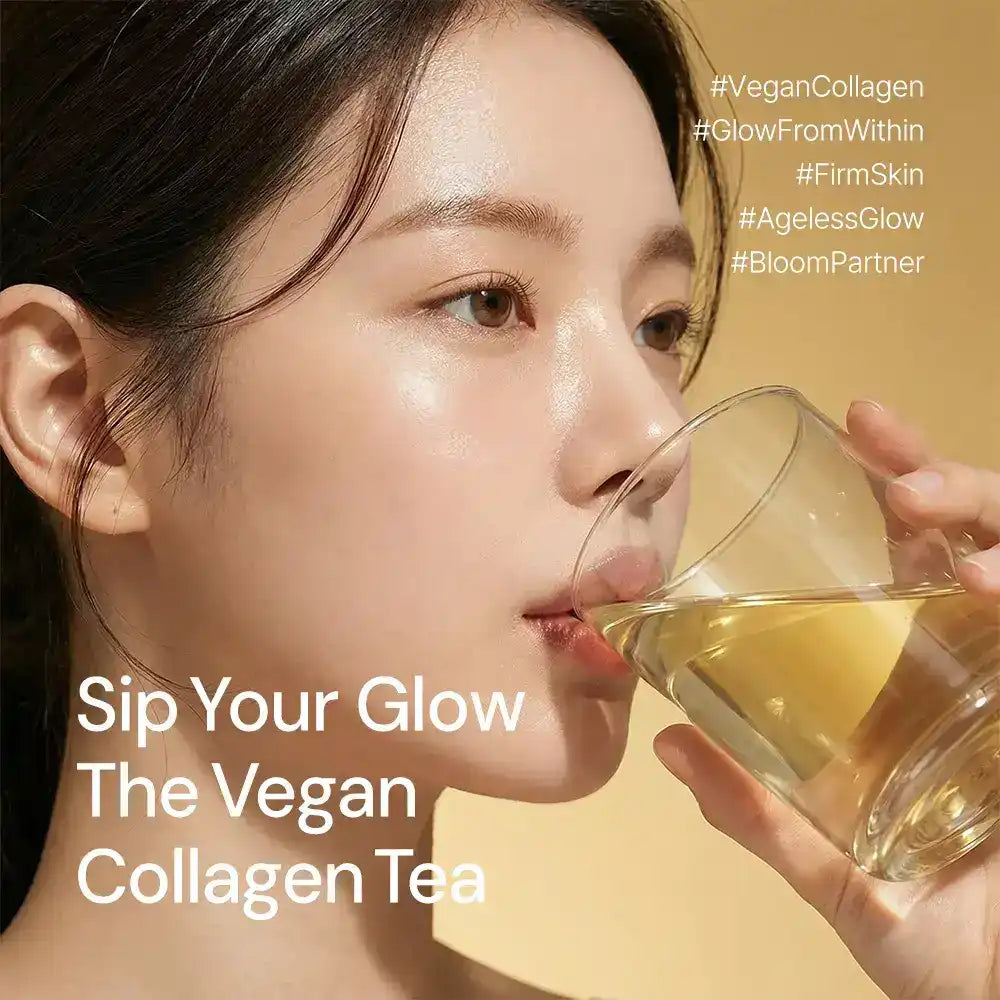 Woman drinking vegan collagen tea, promoting glowing skin and wellness, with hashtags displayed.