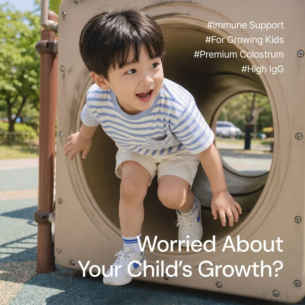 Young child in striped shirt playing in outdoor tunnel, highlighting immune support and growth