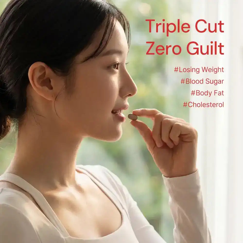 Woman taking dietary supplement tablet, promoting weight loss, blood sugar and cholesterol support.