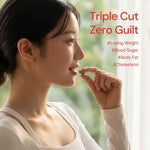 Woman taking dietary supplement tablet, promoting weight loss, blood sugar and cholesterol support.