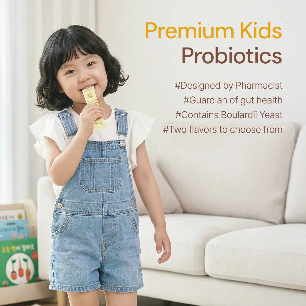 Smiling child holding probiotic supplement in home setting, promoting kids probiotics benefits.