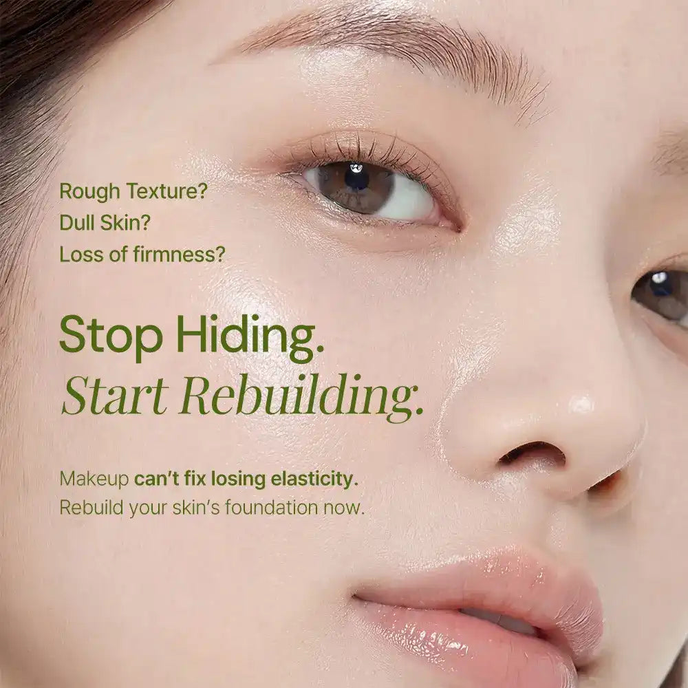 Close-up of a woman's face with smooth, radiant skin and skincare text promoting elasticity.