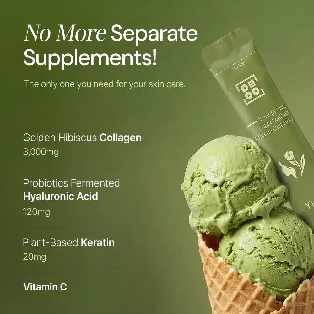 Green ice cream cone beside matcha collagen supplement stick, skincare ingredients list