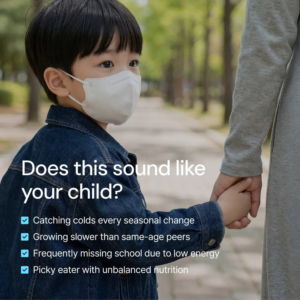 Child wearing a face mask holding adult's hand outdoors, with child wellness tips overlayed.