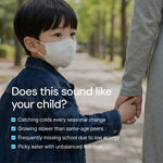 Child wearing a face mask holding adult's hand outdoors, with child wellness tips overlayed.