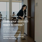 Woman clutching stomach entering restroom in cafe, text about hypersensitive gut symptoms.