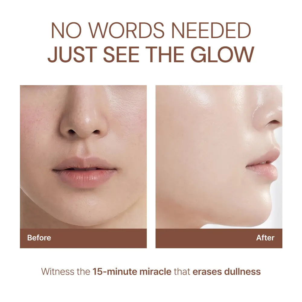 Before and after skin glow transformation showing radiant, smooth complexion in 15 minutes