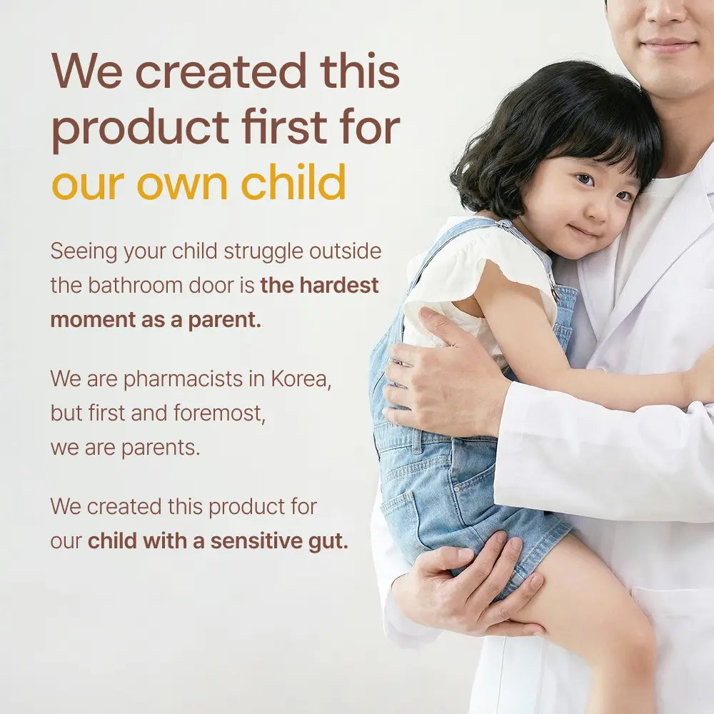 Pharmacist holding young child in his arms, text focuses on sensitive gut supplements for kids.
