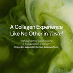 Collagen supplement swirl background with text promoting skin support and delicious taste.