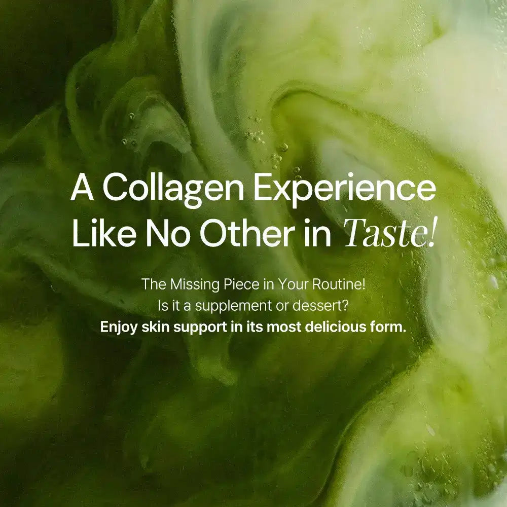 Collagen supplement swirl background with text promoting skin support and delicious taste.