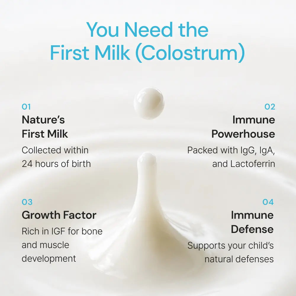 Colostrum milk splash with benefits text highlighting immune support and growth factors