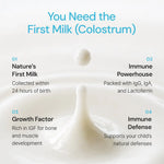 Colostrum milk splash with benefits text highlighting immune support and growth factors