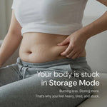 Woman pinching belly fat, text: 'Your body is stuck in Storage Mode' — vitality & metabolism support